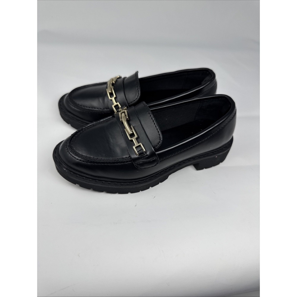 Gap Kids Girls Black Gold Tone Chain Link Faux Leather Loafers Sz 12 Lug Sole - Picture 4 of 7